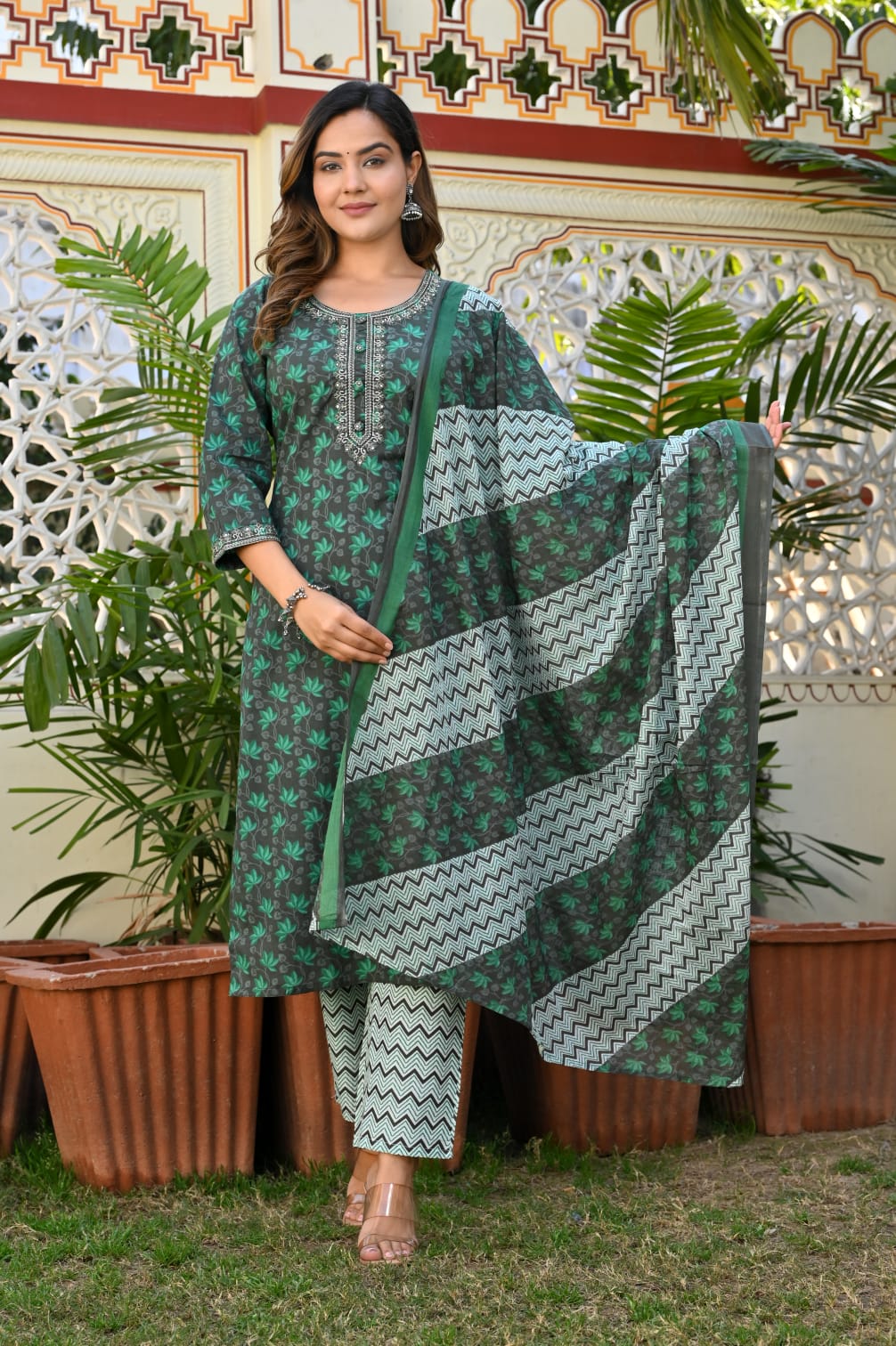 Premium Heavy Embroidery Cotton kurti Pant with Dupatta Set (Set of 5pcs)