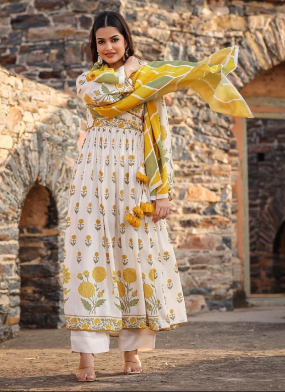 Premium Cotton Angrakha Anarkali Suit With Dupatta Set (Set of 4pcs)