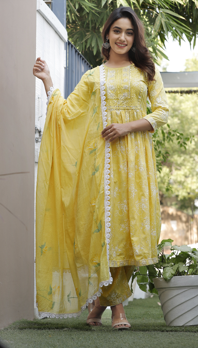 Pastel Yellow Embroidery Hand Block Print Sharara Set